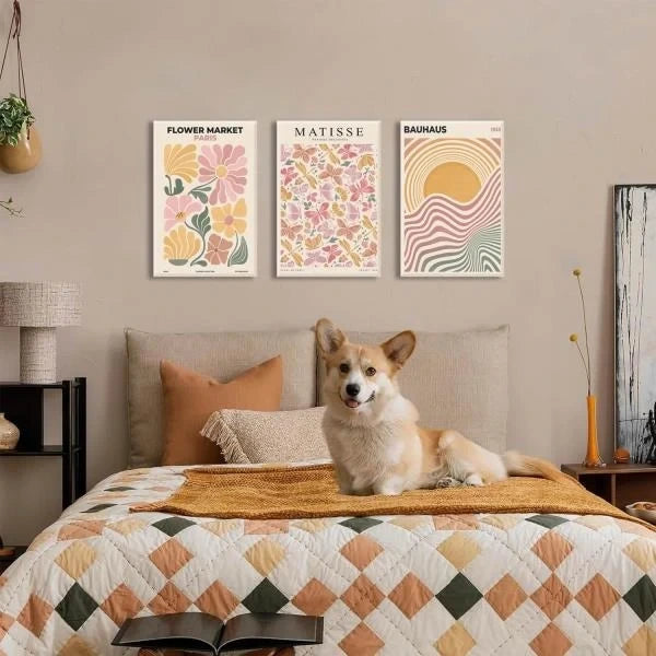 Pink and Yellow Boho Flower Market Canvas Wall Art Set of 3 16x24 Framed