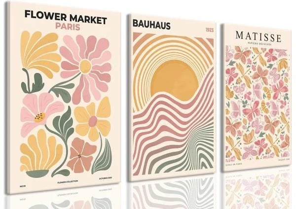 Pink and Yellow Boho Flower Market Canvas Wall Art Set of 3 16x24 Framed