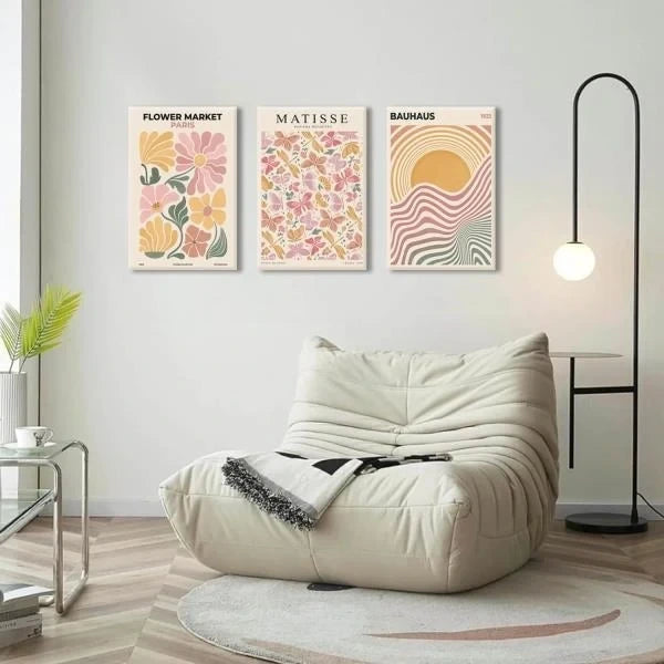 Pink and Yellow Boho Flower Market Canvas Wall Art Set of 3 16x24 Framed
