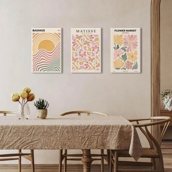 Pink and Yellow Boho Flower Market Canvas Wall Art Set of 3 16x24 Framed