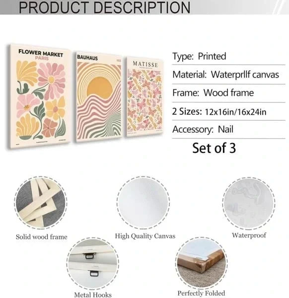 Pink and Yellow Boho Flower Market Canvas Wall Art Set of 3 16x24 Framed