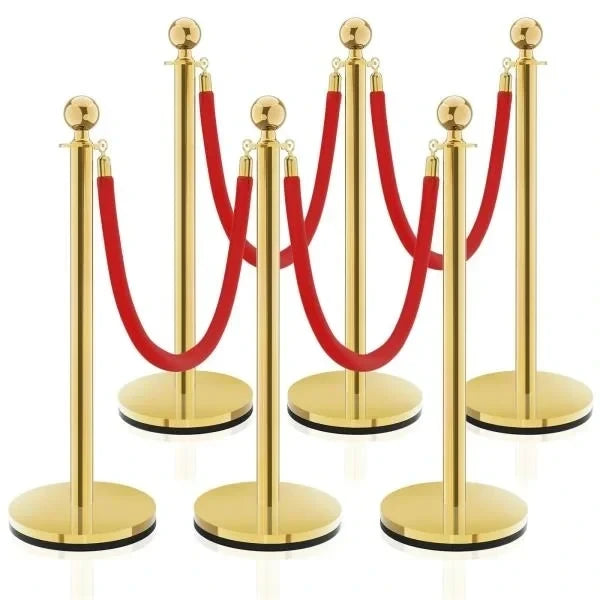 PCS Stanchion Post Crowd Control Barriers with 5 ft Red Velvet Rope Stainless Steel Gold