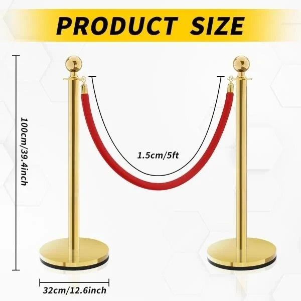 PCS Stanchion Post Crowd Control Barriers with 5 ft Red Velvet Rope Stainless Steel Gold