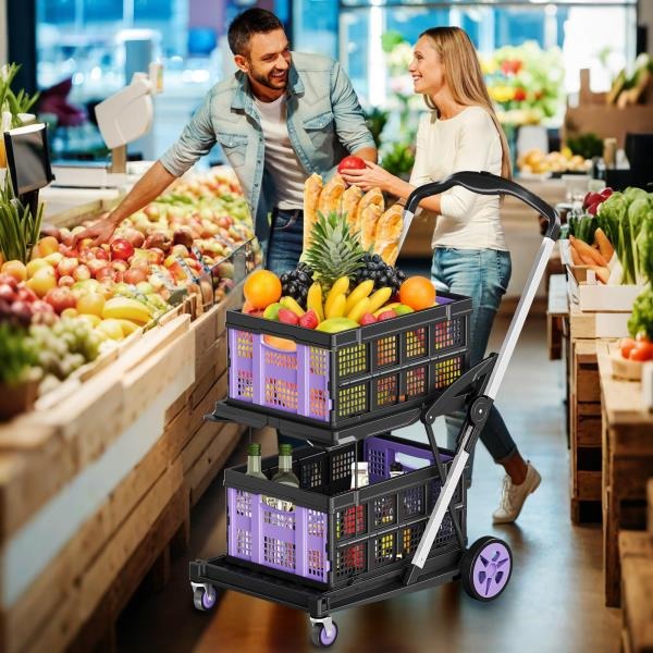 -in-1 200LBS Collapsible Utility Cart with 2 Storage Crates and Adjustable Handle - Purple