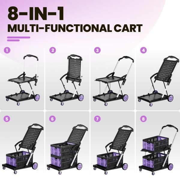 -in-1 200LBS Collapsible Utility Cart with 2 Storage Crates and Adjustable Handle - Purple