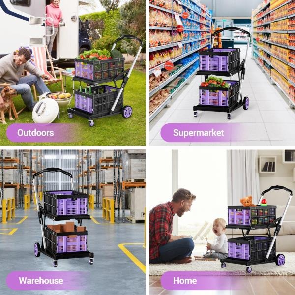 -in-1 200LBS Collapsible Utility Cart with 2 Storage Crates and Adjustable Handle - Purple