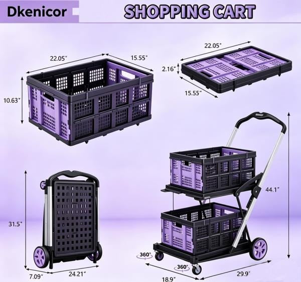 -in-1 200LBS Collapsible Utility Cart with 2 Storage Crates and Adjustable Handle - Purple
