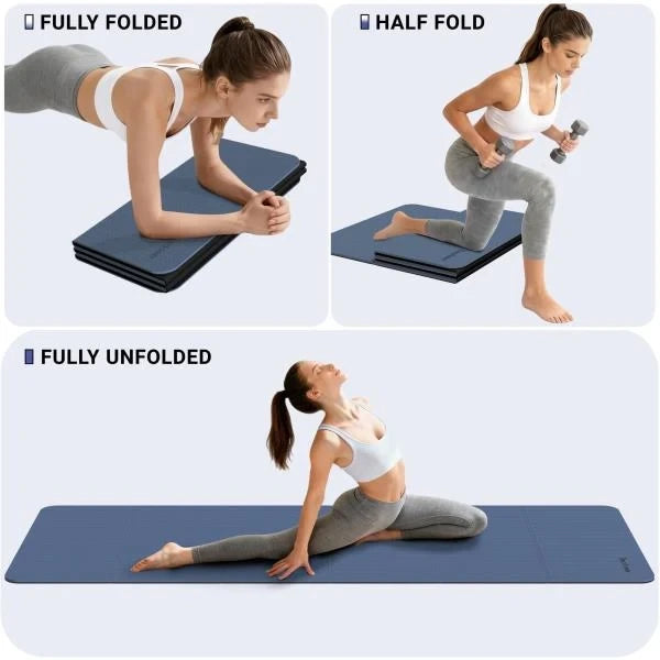 Foldable Fitness Yoga Mat 10mm Extra Thick Non-Slip TPE 75x26 Extra Long-Wide Blue  Black