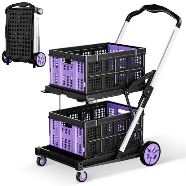 -in-1 200LBS Collapsible Utility Cart with 2 Storage Crates and Adjustable Handle - Purple