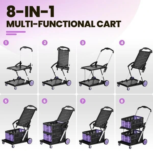 -in-1 200LBS Collapsible Utility Cart with 2 Storage Crates and Adjustable Handle - Purple