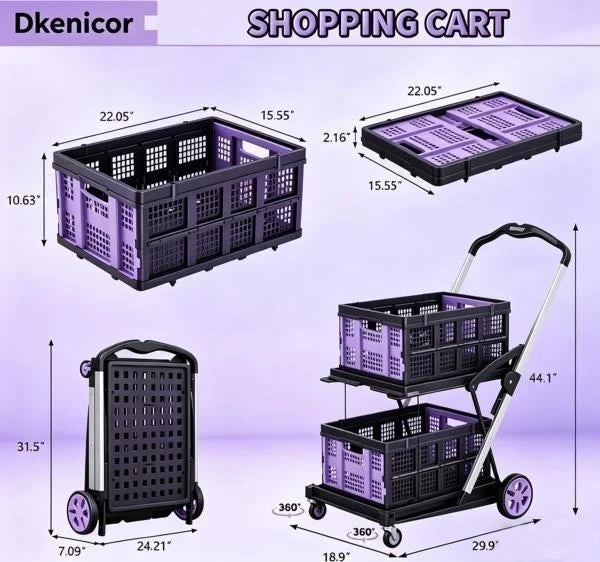 -in-1 200LBS Collapsible Utility Cart with 2 Storage Crates and Adjustable Handle - Purple