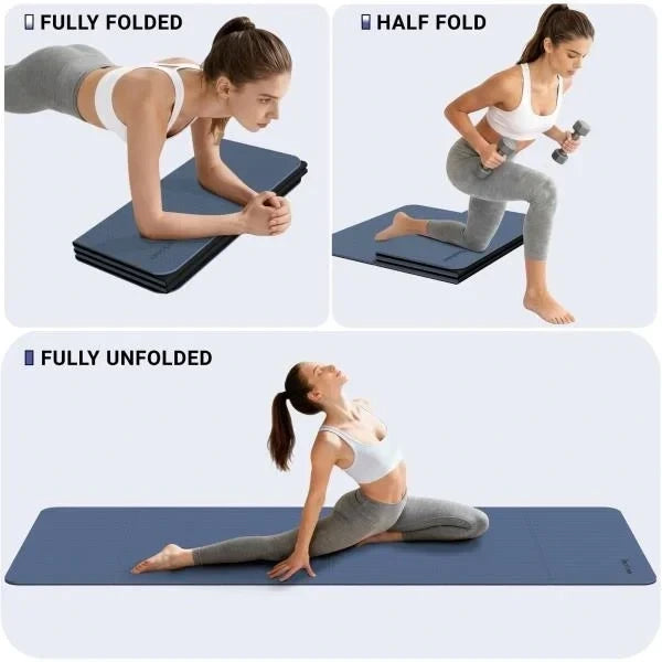 Foldable Fitness Yoga Mat 10mm Extra Thick Non-Slip TPE 75x26 Extra Long-Wide Blue  Black