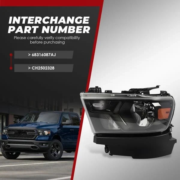 Left Halogen Headlight Assembly for 2019-2023 Ram 1500 Black Housing