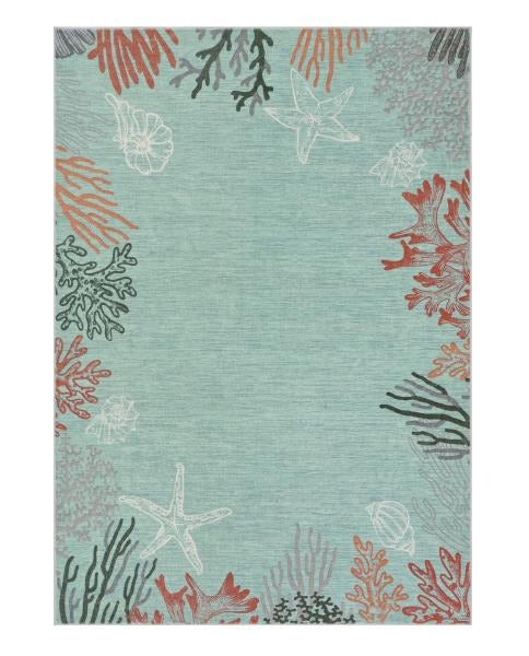 Coastal Coral Ocean Washable Area Rug 5 x 7 Aqua
