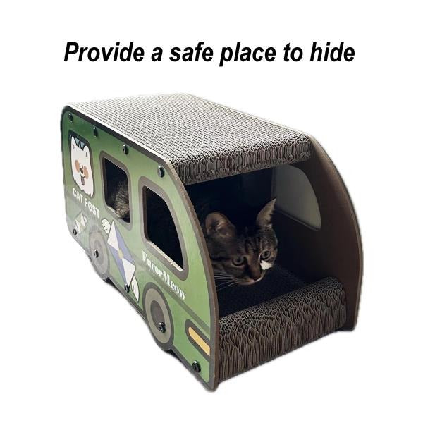 Increased Width Cat Scratching Board Green Bus Large Double Layers Cardboard House 9x11.8x22 Inch