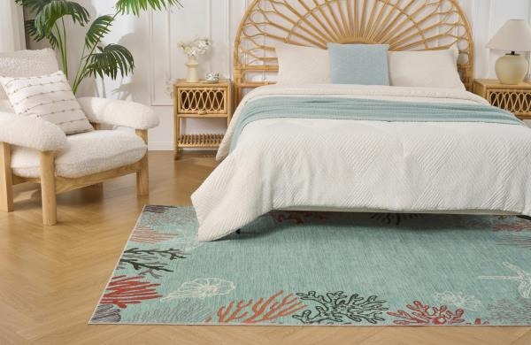 Coastal Coral Ocean Washable Area Rug 5 x 7 Aqua