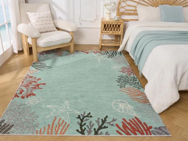 Coastal Coral Ocean Washable Area Rug 5 x 7 Aqua