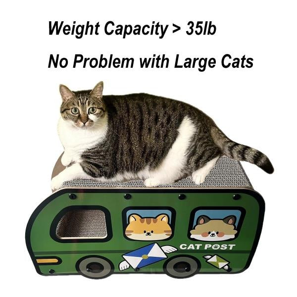 Increased Width Cat Scratching Board Green Bus Large Double Layers Cardboard House 9x11.8x22 Inch