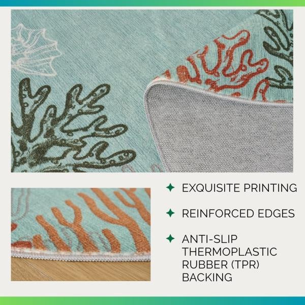 Coastal Coral Ocean Washable Area Rug 5 x 7 Aqua