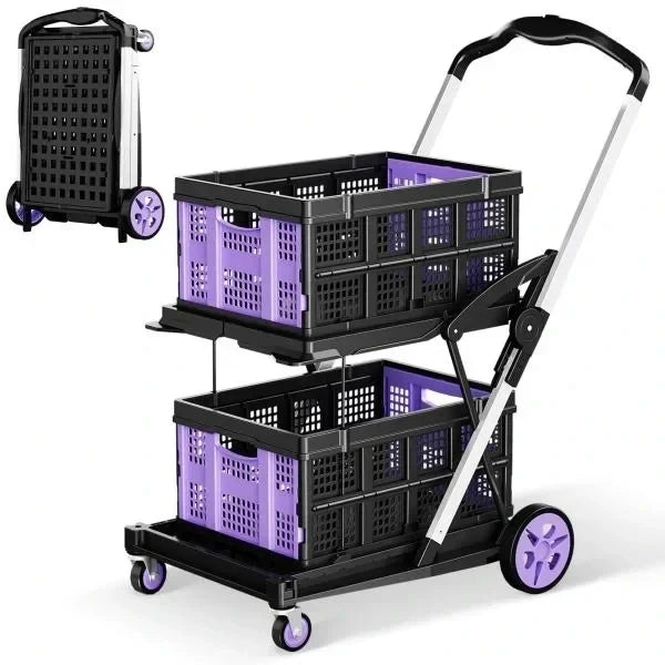 -in-1 200LBS Collapsible Utility Cart with 2 Storage Crates and Adjustable Handle - Purple