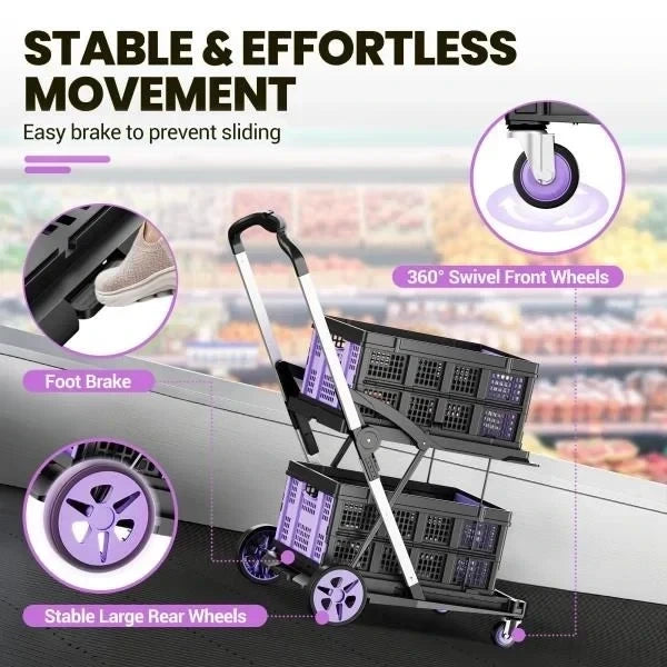 -in-1 200LBS Collapsible Utility Cart with 2 Storage Crates and Adjustable Handle - Purple