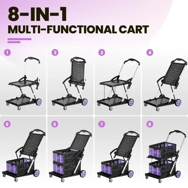 -in-1 200LBS Collapsible Utility Cart with 2 Storage Crates and Adjustable Handle - Purple