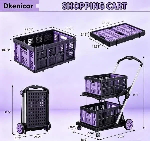 -in-1 200LBS Collapsible Utility Cart with 2 Storage Crates and Adjustable Handle - Purple