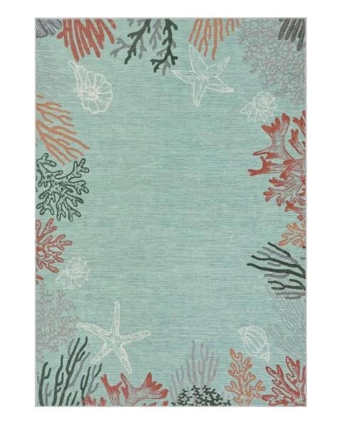 Coastal Coral Ocean Washable Area Rug 5 x 7 Aqua
