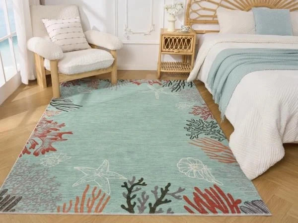Coastal Coral Ocean Washable Area Rug 5 x 7 Aqua