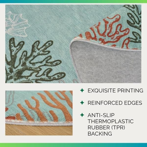 Coastal Coral Ocean Washable Area Rug 5 x 7 Aqua