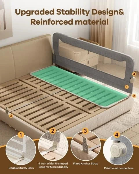 Foldable Bed Rail for Toddlers 71in Reinforced Carbon Steel Frame Breathable Cationic Fabric Grey