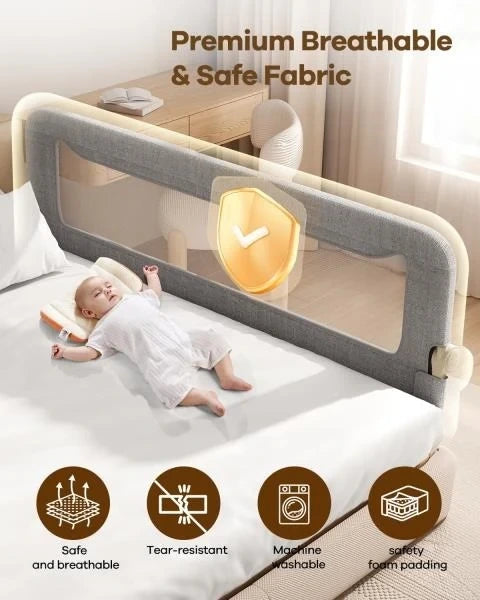 Foldable Bed Rail for Toddlers 71in Reinforced Carbon Steel Frame Breathable Cationic Fabric Grey
