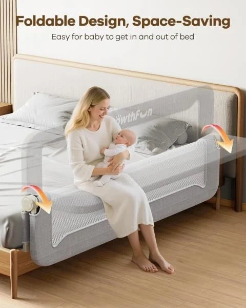 Foldable Bed Rail for Toddlers 71in Reinforced Carbon Steel Frame Breathable Cationic Fabric Grey
