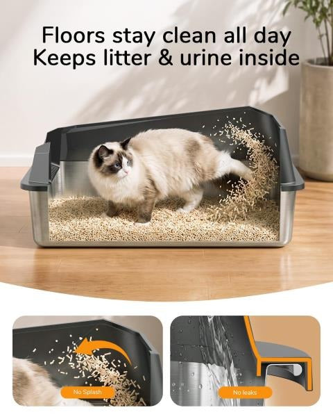 XL Cat Litter Box with Stainless Steel Inner Tank and Side-Entry Removable Lid Dark Gray