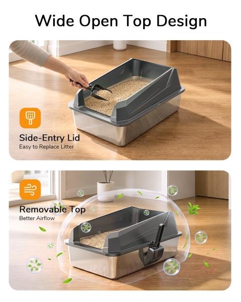 XL Cat Litter Box with Stainless Steel Inner Tank and Side-Entry Removable Lid Dark Gray