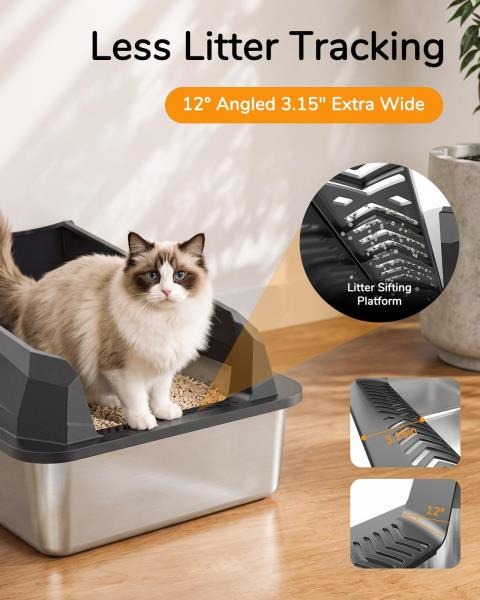 XL Cat Litter Box with Stainless Steel Inner Tank and Side-Entry Removable Lid Dark Gray
