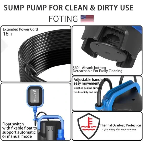 5HP 6300GPH High Flow Submersible Sump Pump 1.5 Solids Handling AutomaticManual Mode