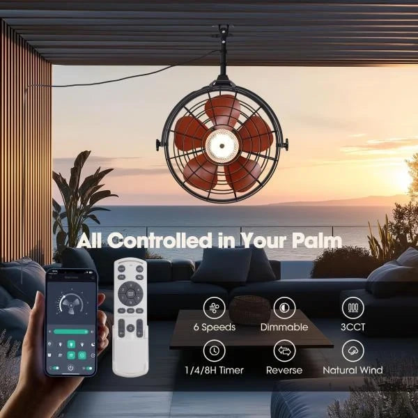 Waterproof Outdoor Ceiling Fan with Light 6-Speed  3 CCT LED Caged Smart Fan