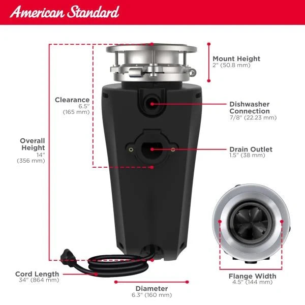 American Standard Slim Line Garbage Disposal 34 HP Black