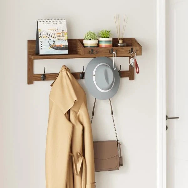 Wall Hooks with Shelf 26.57inch Entryway Coat Rack with 5 Dual Hooks and 3 Key Hooks