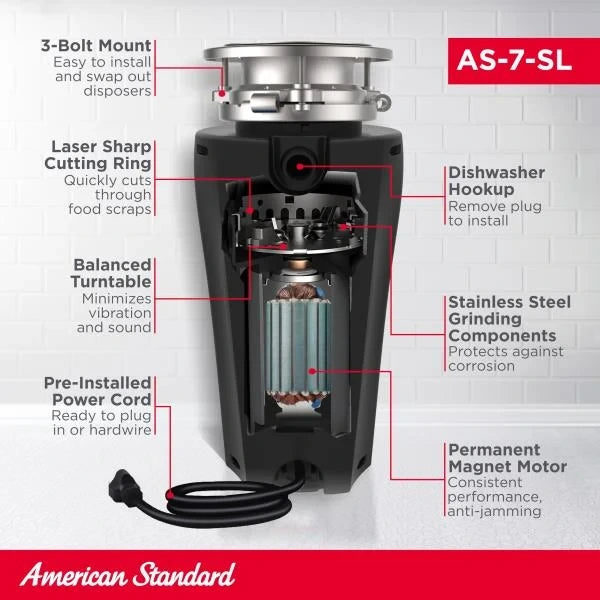 American Standard Slim Line Garbage Disposal 34 HP Black