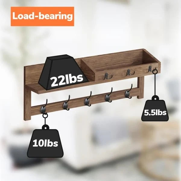 Wall Hooks with Shelf 26.57inch Entryway Coat Rack with 5 Dual Hooks and 3 Key Hooks