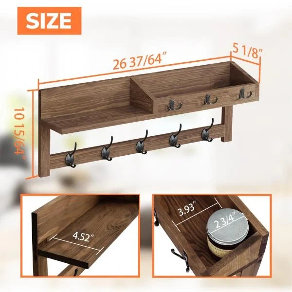 Wall Hooks with Shelf 26.57inch Entryway Coat Rack with 5 Dual Hooks and 3 Key Hooks