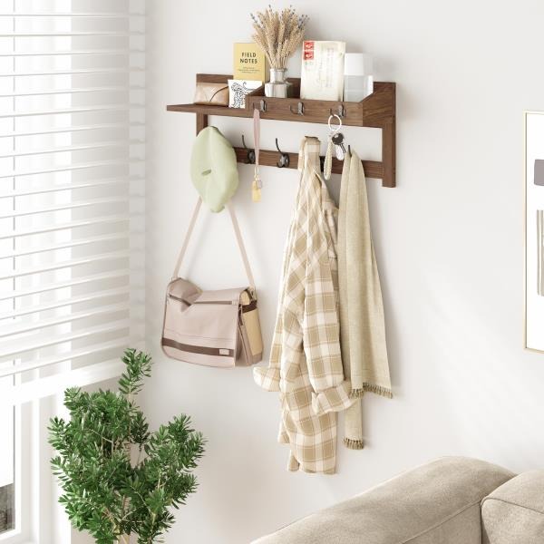 Wall Hooks with Shelf 26.57inch Entryway Coat Rack with 5 Dual Hooks and 3 Key Hooks
