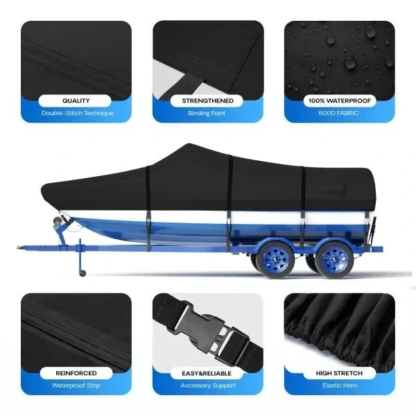 D Heavy Duty Waterproof Boat Cover 2224 ft for Bass Boat V-Hull Runabout Fish  Ski Black