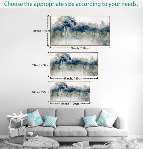 Modern Landscape Canvas Wall Art Ink Tree Painting 24x48 Framed