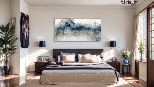 Modern Landscape Canvas Wall Art Ink Tree Painting 24x48 Framed