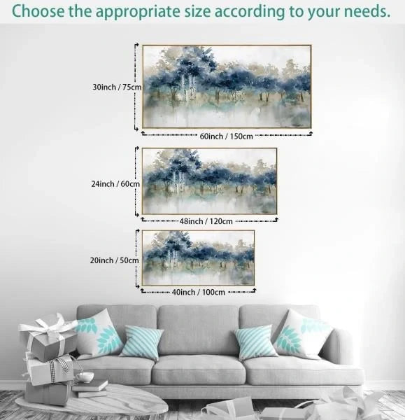 Modern Landscape Canvas Wall Art Ink Tree Painting 24x48 Framed