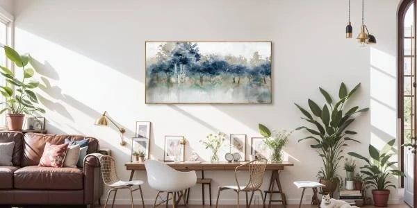 Modern Landscape Canvas Wall Art Ink Tree Painting 24x48 Framed