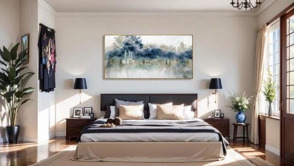 Modern Landscape Canvas Wall Art Ink Tree Painting 24x48 Framed